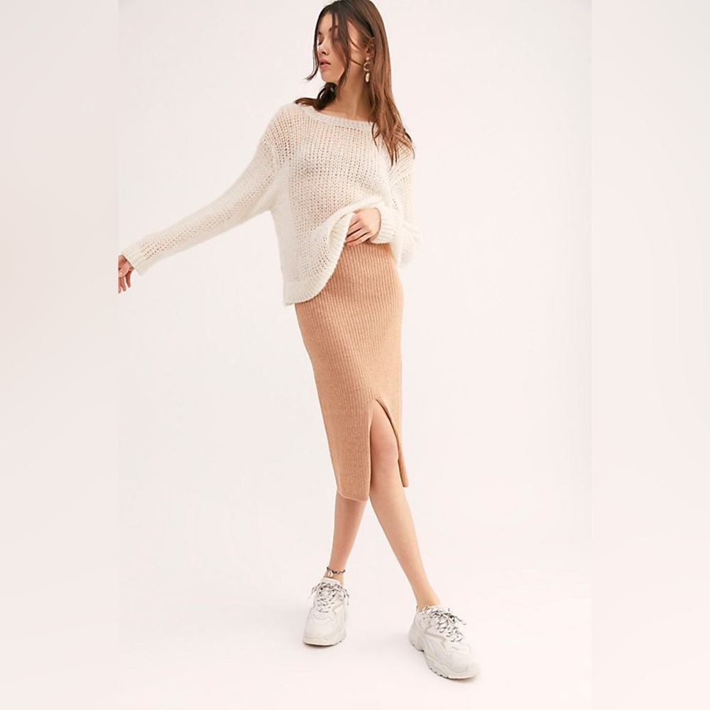 Free people skyline slit ribbed midi skirt brown tan size extra small